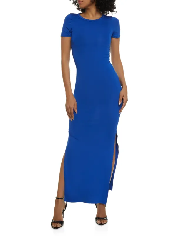 Crew Neck Side Slit Maxi Dress sold by Rainbow