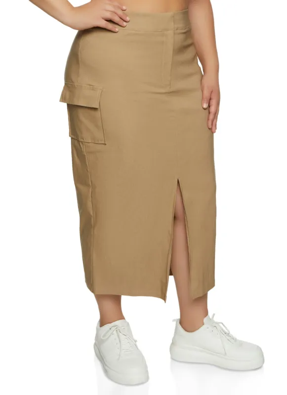 Plus Size Split Hem Cargo Pocket Maxi Skirt sold by Rainbow
