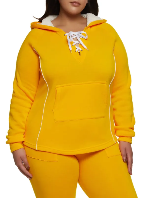 Plus Size Contrast Piping Hooded Lace Up Sweatshirt sold by Rainbow