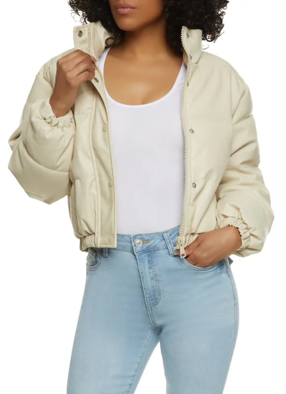 Faux Leather Mock Neck Puffer Jacket sold by Rainbow