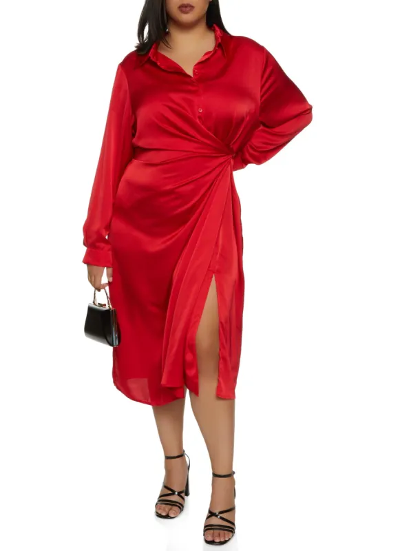 Plus Size Satin Draped Detail Shirt Dress sold by Rainbow