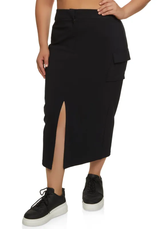 Plus Size Split Hem Cargo Pocket Maxi Skirt sold by Rainbow