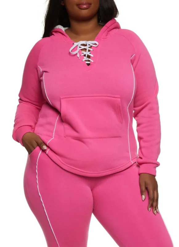 Plus Size Contrast Piping Hooded Lace Up Sweatshirt sold by Rainbow