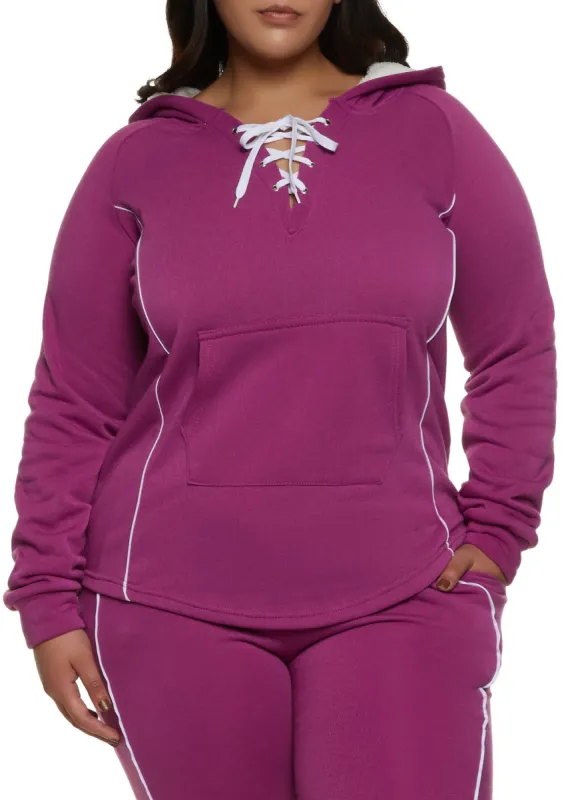 Plus Size Contrast Piping Hooded Lace Up Sweatshirt sold by Rainbow