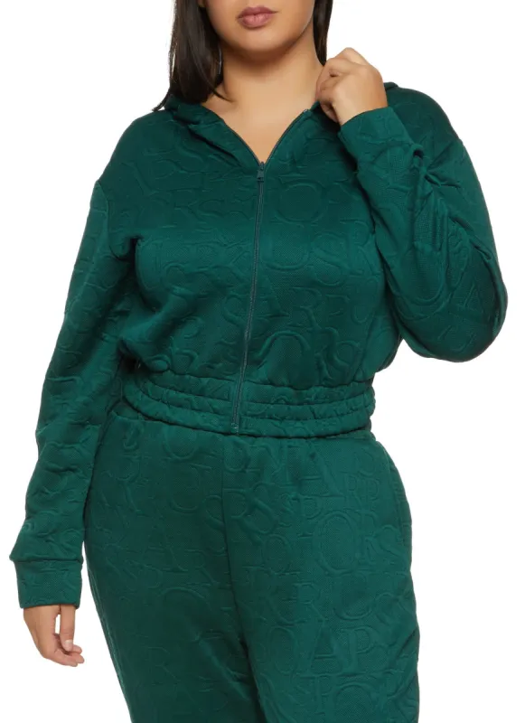 Plus Size Embossed Zip Up Cropped Hoodie sold by Rainbow