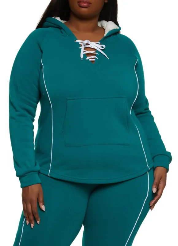 Plus Size Contrast Piping Hooded Lace Up Sweatshirt sold by Rainbow