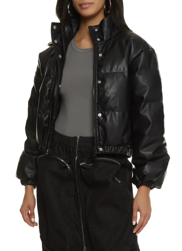 Faux Leather Mock Neck Puffer Jacket sold by Rainbow