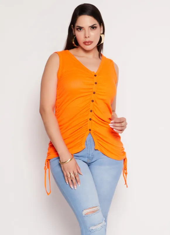 Plus Size Rib Knit Ruched Side Button Front Tank Top sold by Rainbow