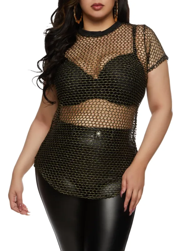 Plus Size Lurex Fishnet Crew Neck Top sold by Rainbow