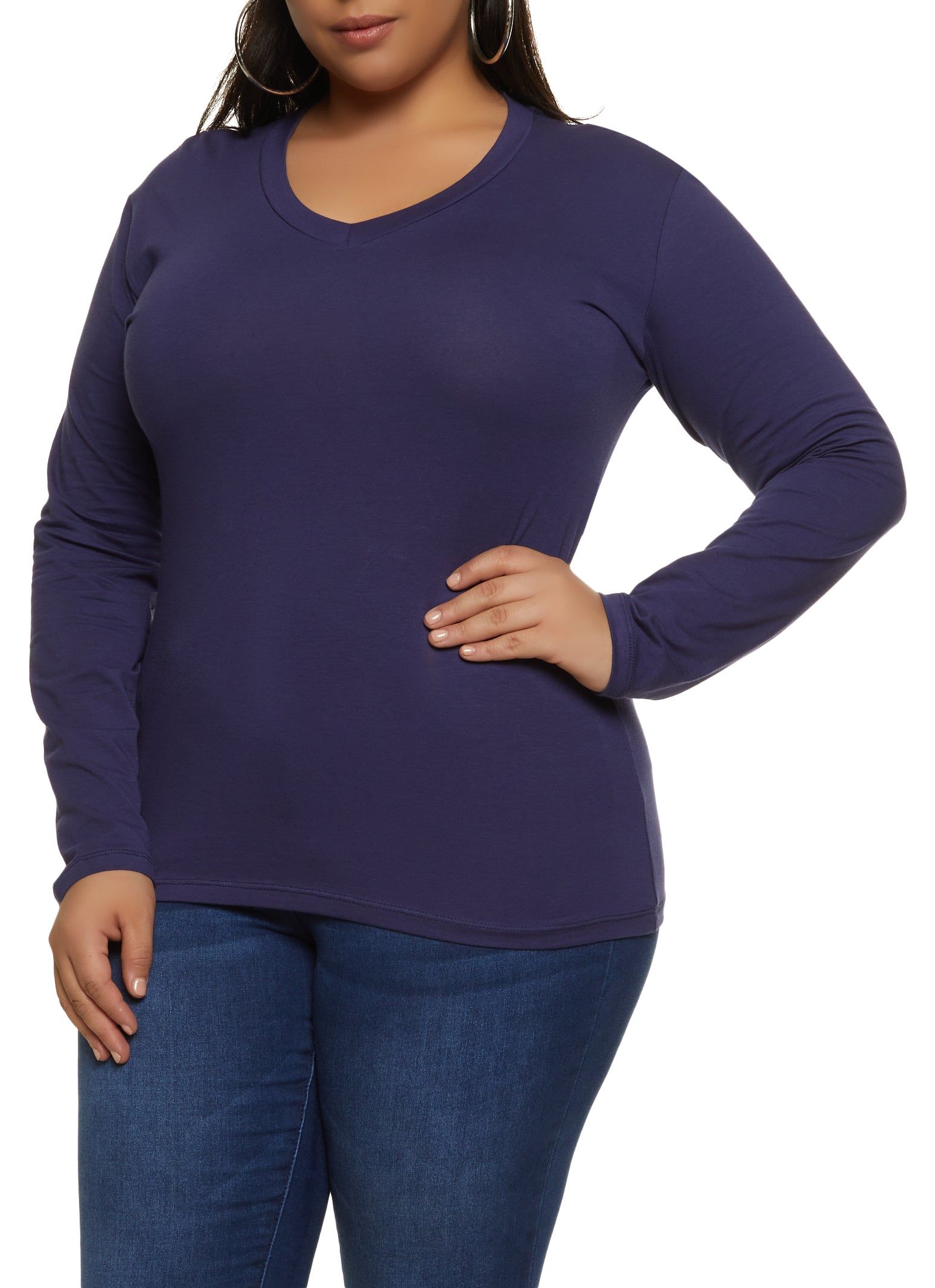 Plus Size Long Sleeve V Neck Basic Tee sold by Rainbow
