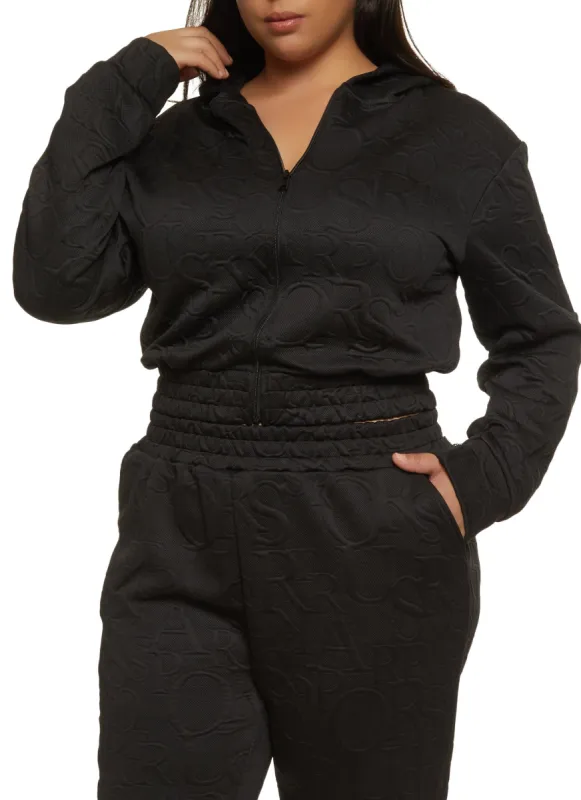 Plus Size Embossed Zip Up Cropped Hoodie sold by Rainbow