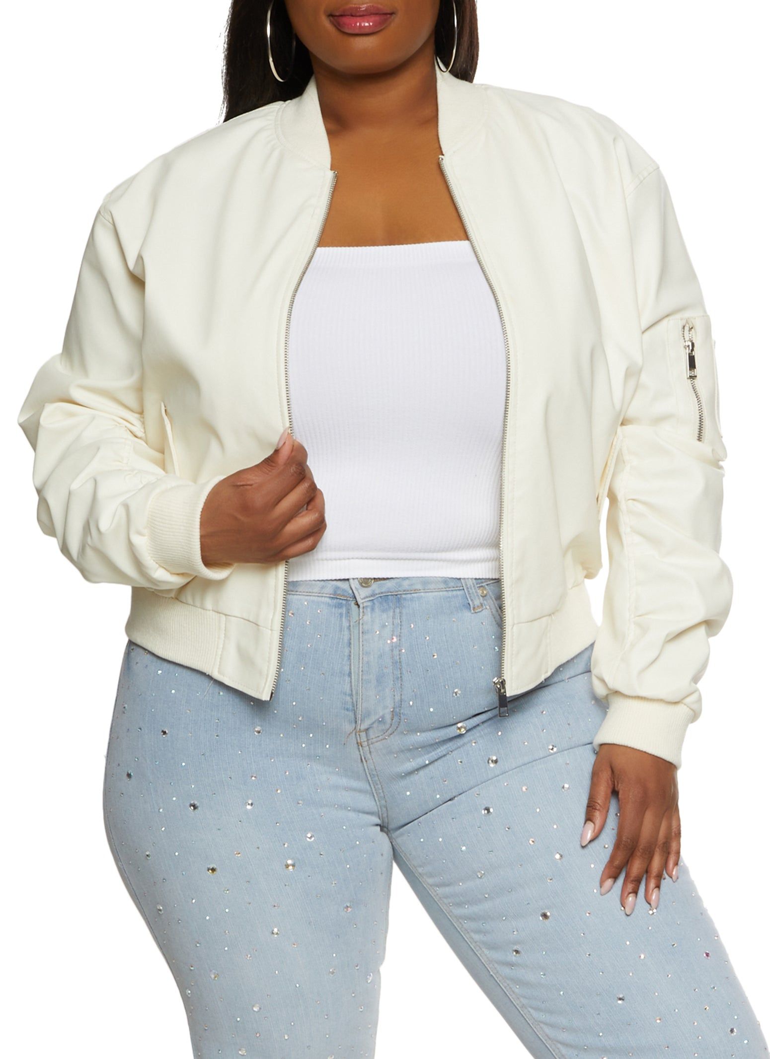 Plus Size Faux Leather Ruched Sleeve Bomber Jacket sold by Rainbow