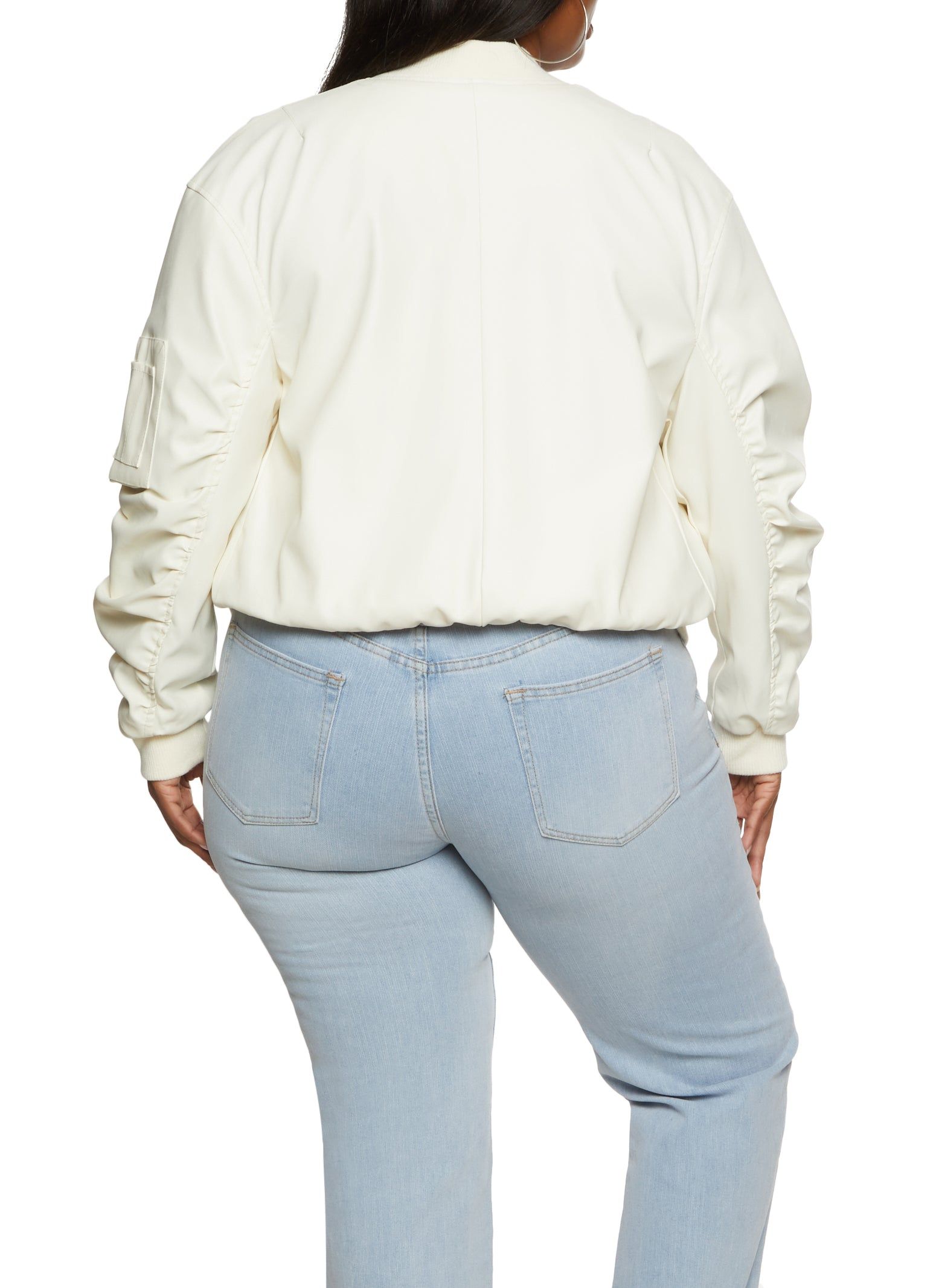 Plus Size Faux Leather Ruched Sleeve Bomber Jacket sold by Rainbow product image thumbnail 2