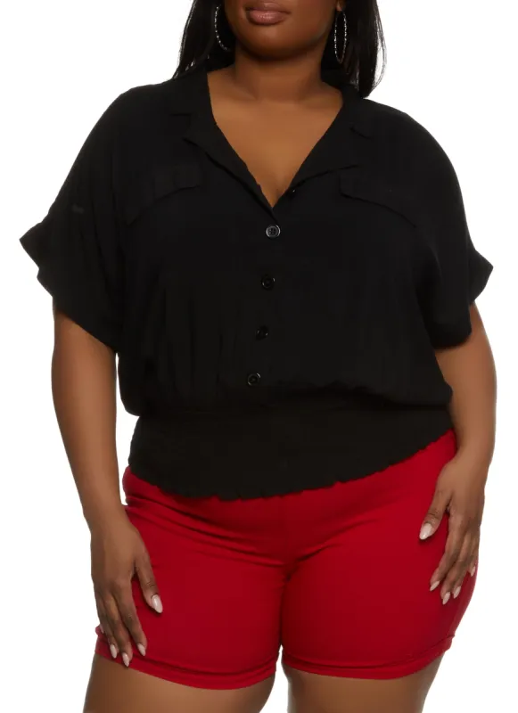 Plus Size Smocked Button Front Blouse sold by Rainbow