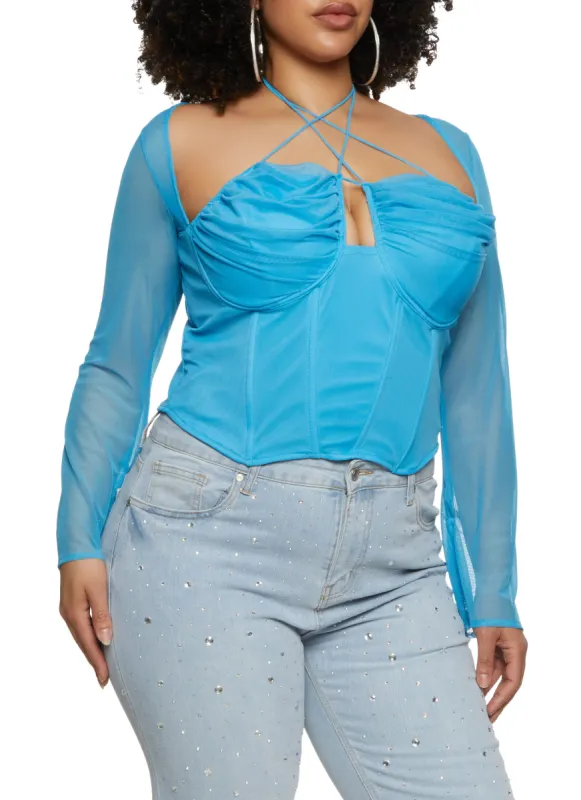 Plus Size Mesh Sleeve Sleeve Strappy Corset Top sold by Rainbow