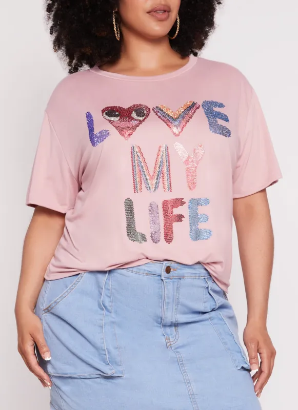 Plus Size Rhinestone Love My Life T Shirt sold by Rainbow