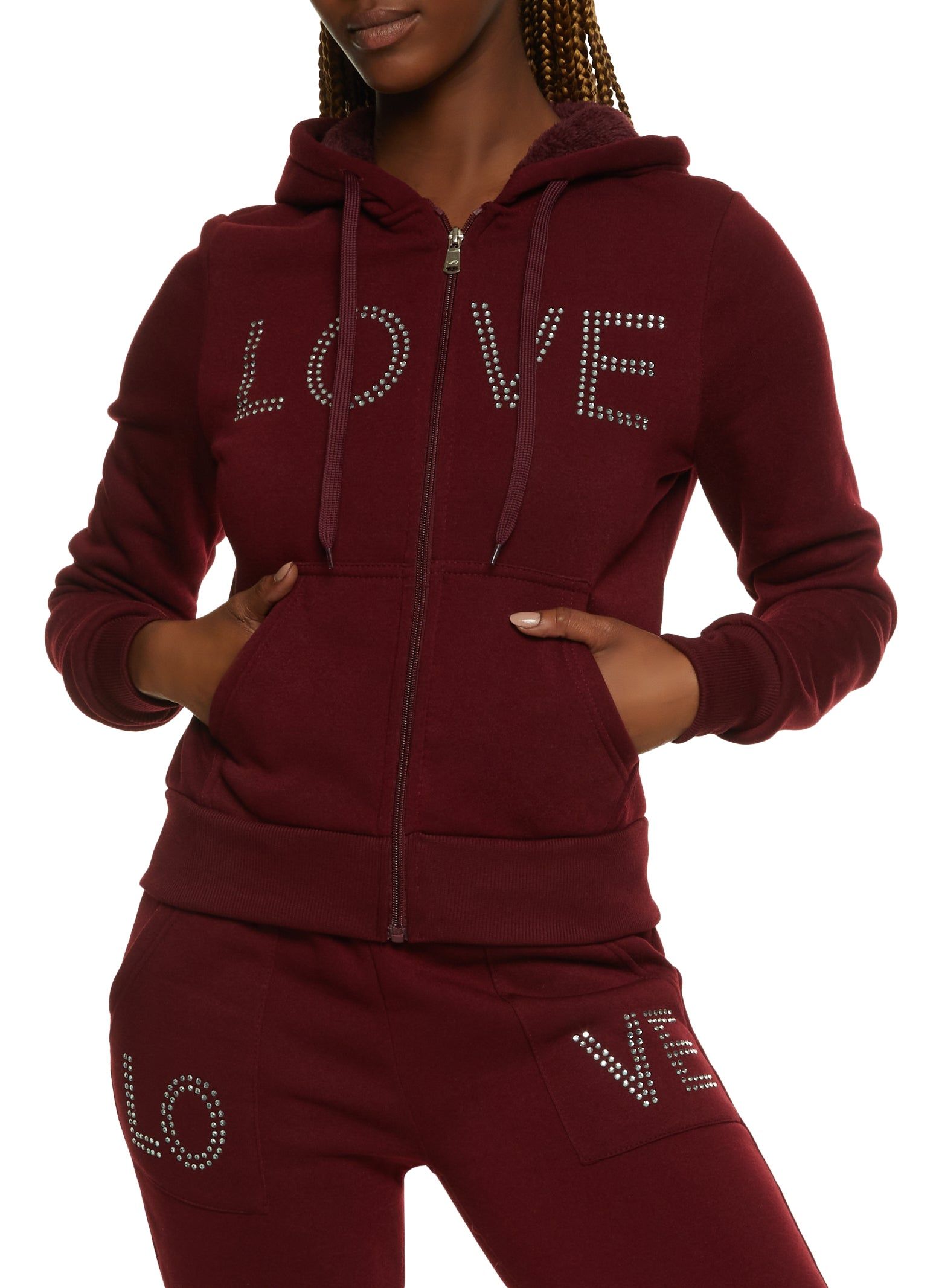 Love Rhinestone Faux Fur Lined Graphic Hoodie sold by Rainbow