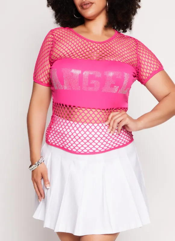 Plus Size Fishnet Angel Rhinestone Graphic Tee sold by Rainbow