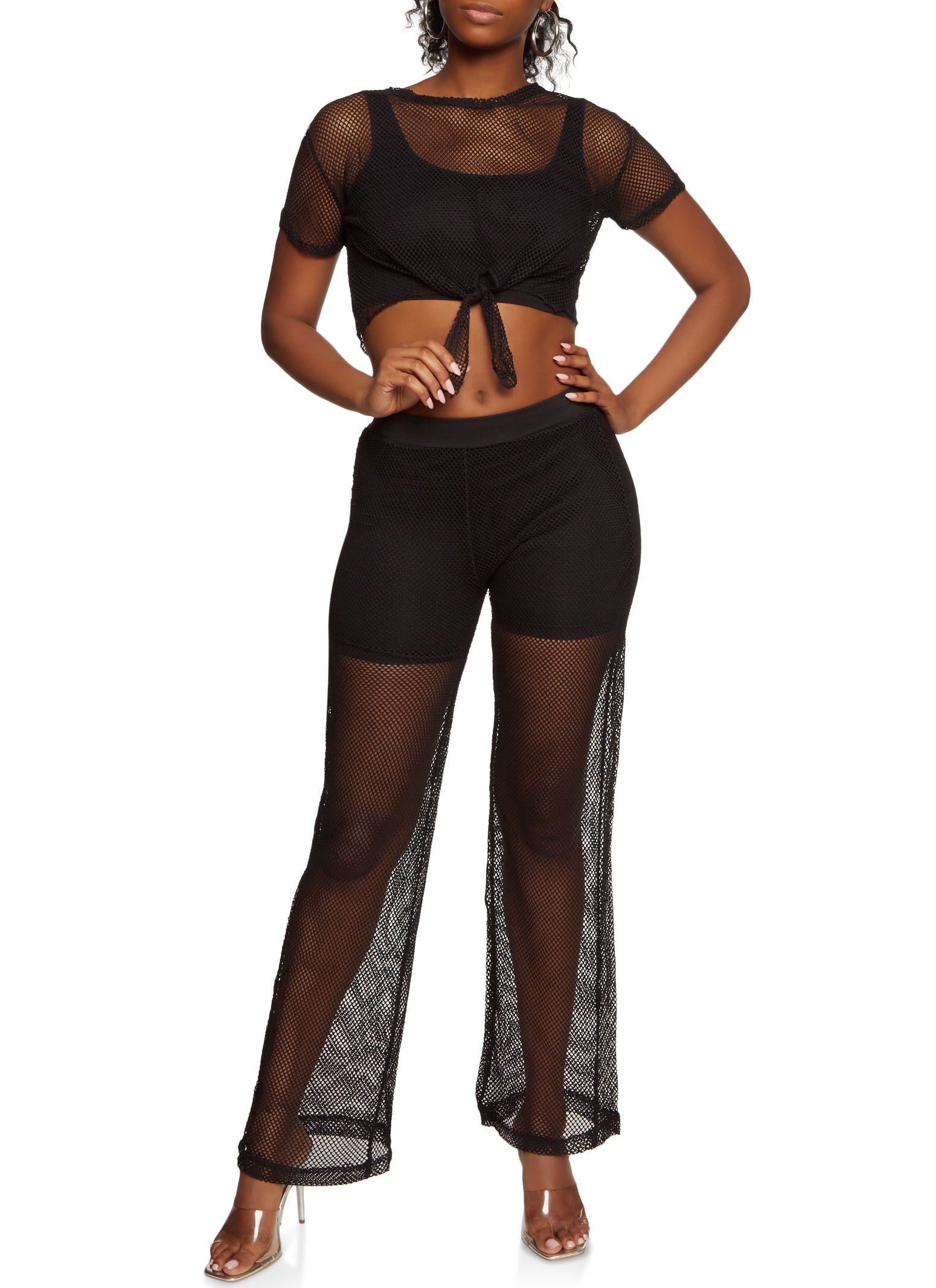 Fishnet Tie Front Crop Top and Pants Set sold by Rainbow