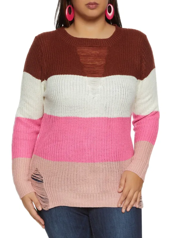 Plus Size Color Blocked Striped Distressed Tunic Sweater sold by Rainbow