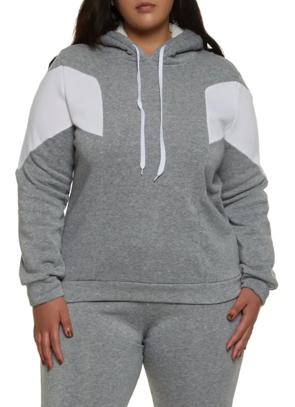 Plus Size Color Blocked Detail Sherpa Lined Hoodie sold by Rainbow