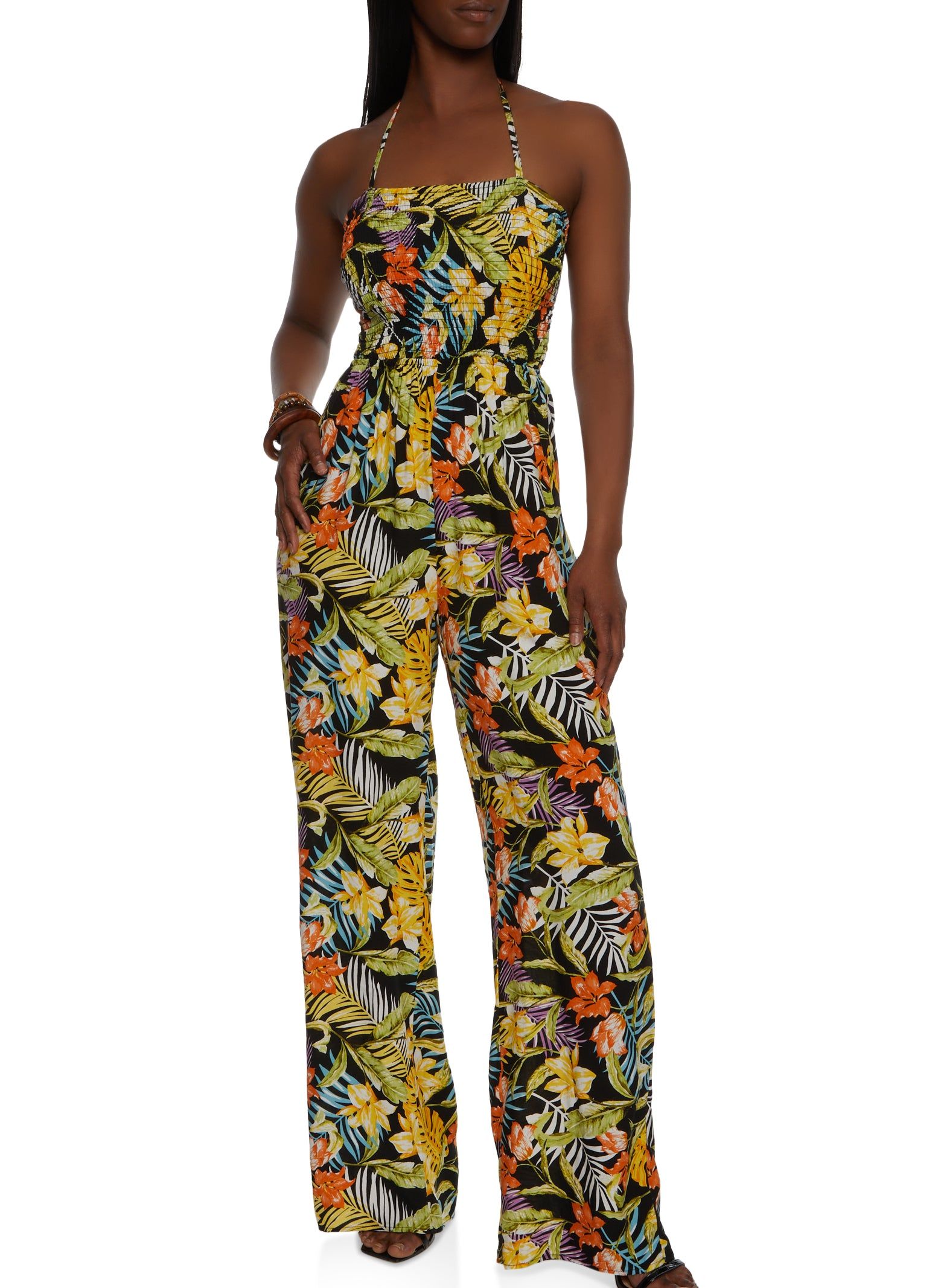 Tropical Print Smocked Jumpsuit sold by Rainbow