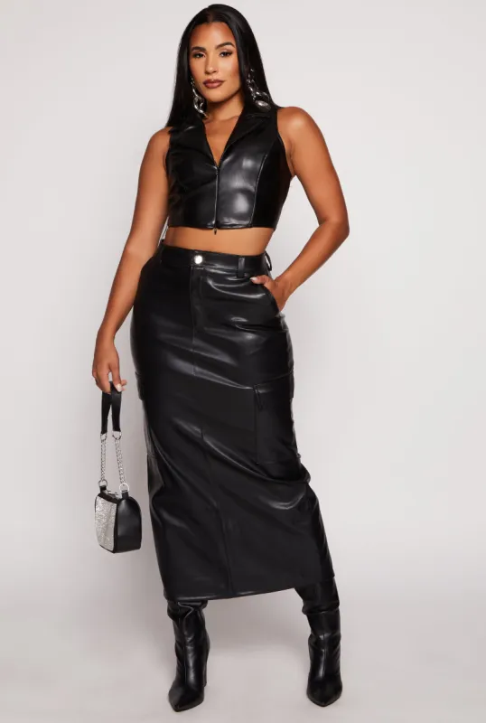 Haute Monde Faux Leather Cargo Pocket Maxi Skirt sold by Rainbow
