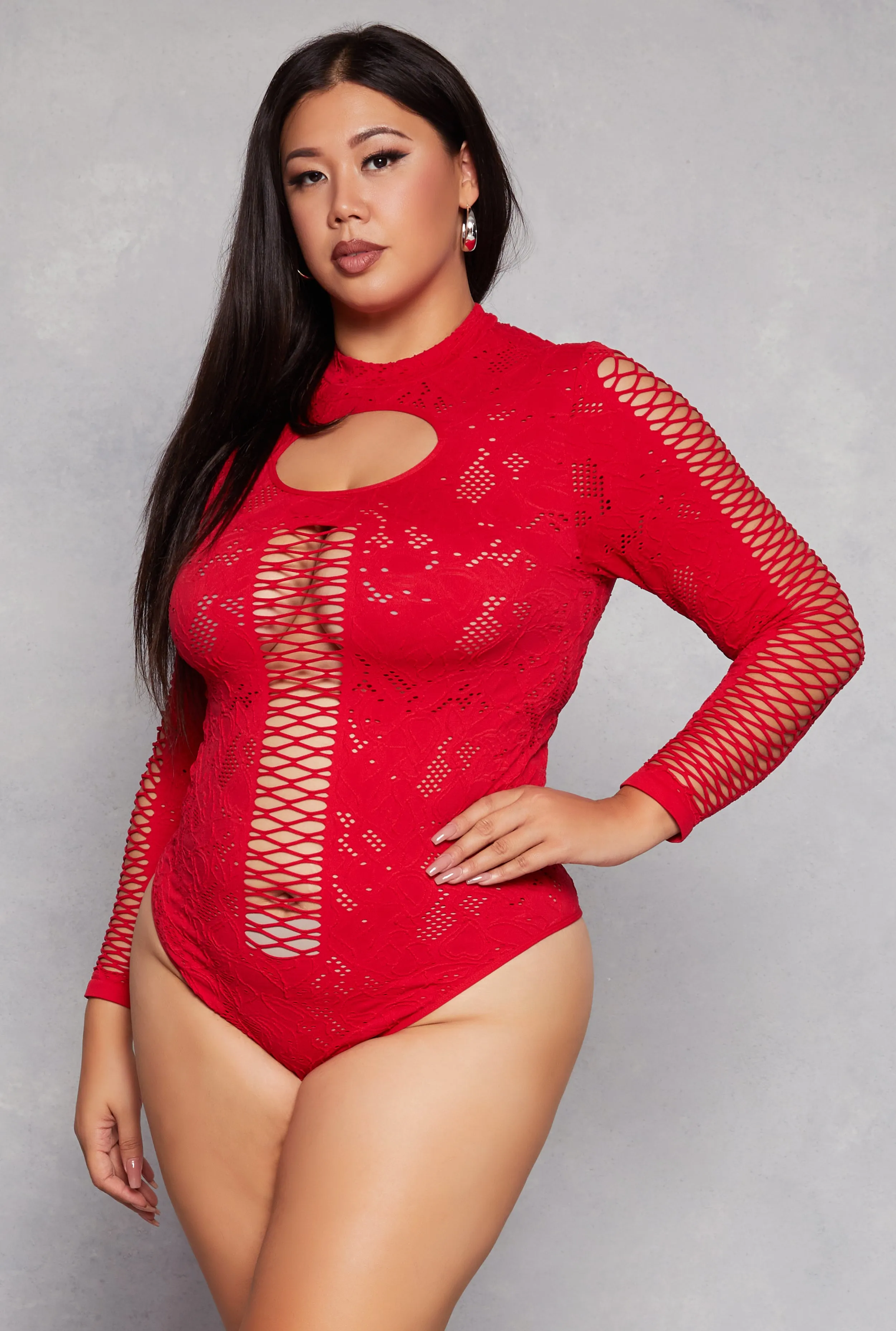 Plus Size Keyhole Fishnet Detail Long Sleeve Bodysuit sold by Rainbow