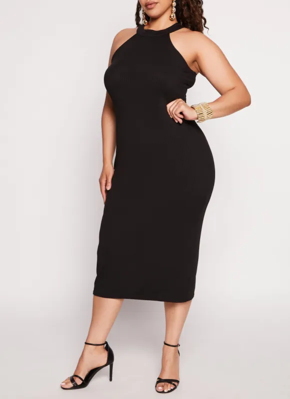 Plus Size Ribbed Knit Halter Neck Midi Dress sold by Rainbow