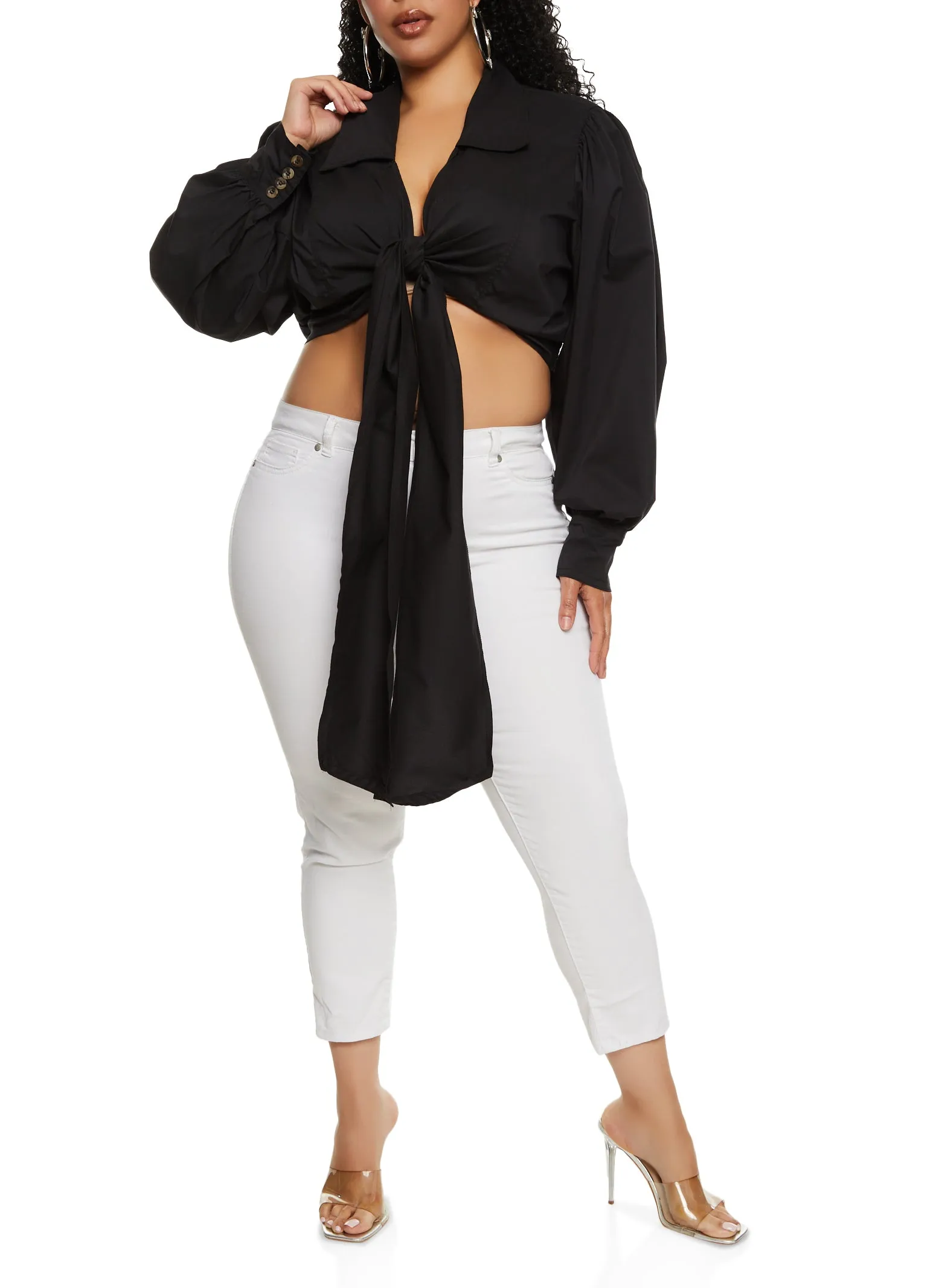 Plus Size Balloon Sleeve Tie Front Crop Top sold by Rainbow