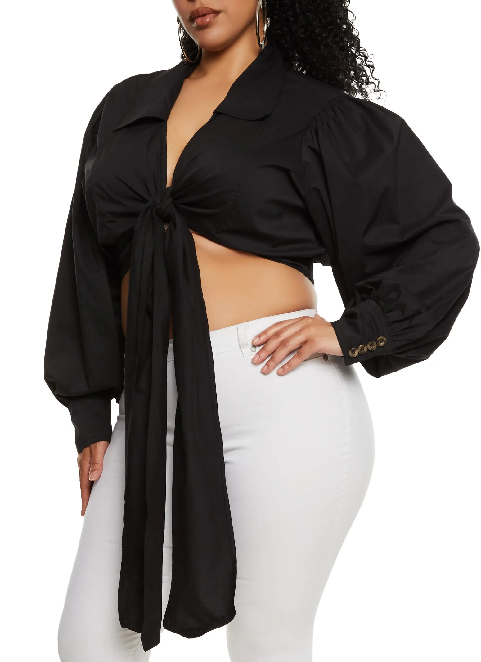 Plus Size Balloon Sleeve Tie Front Crop Top sold by Rainbow product image thumbnail 2