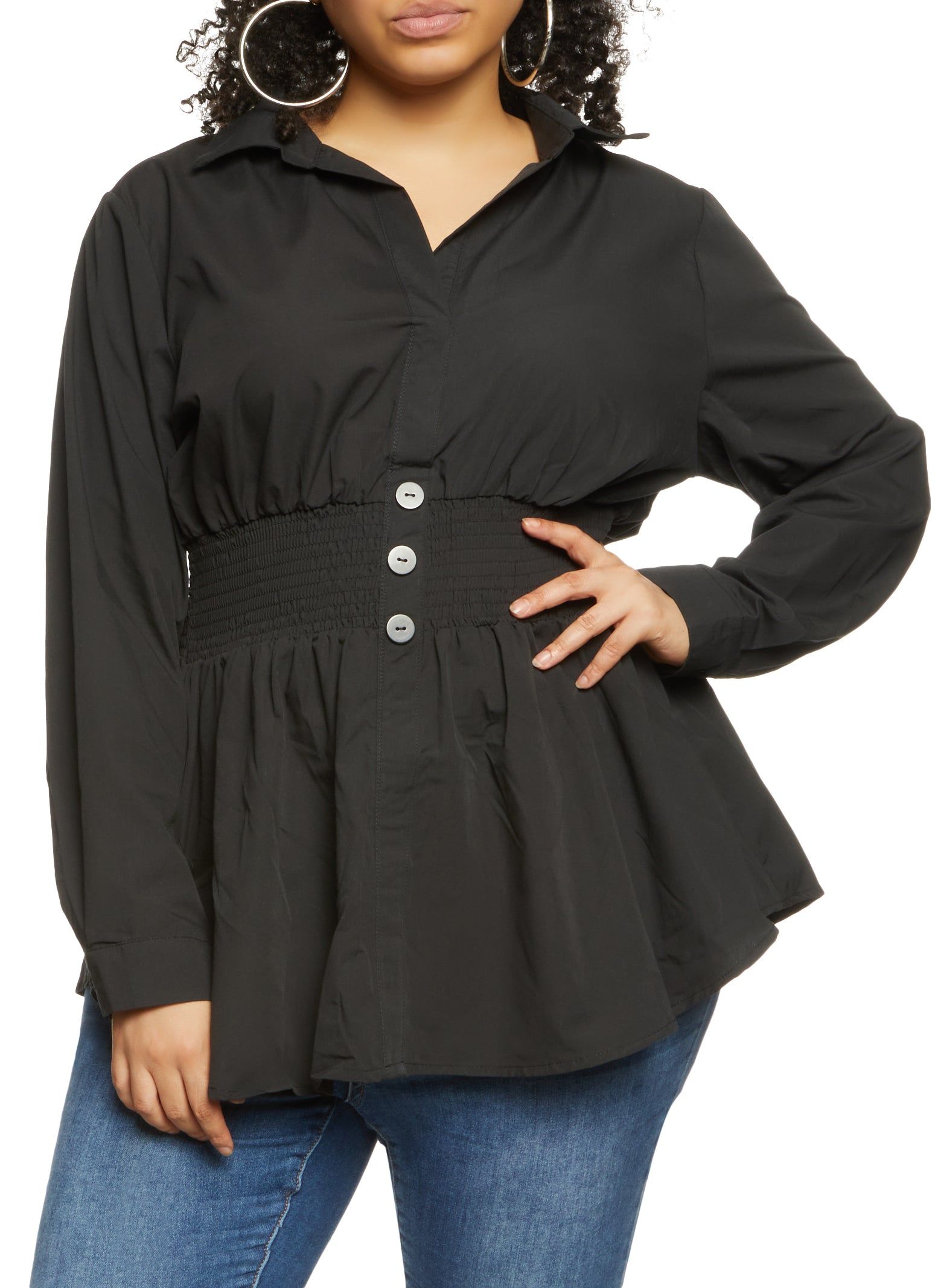 Plus Size Poplin Smocked Waist Shirt sold by Rainbow