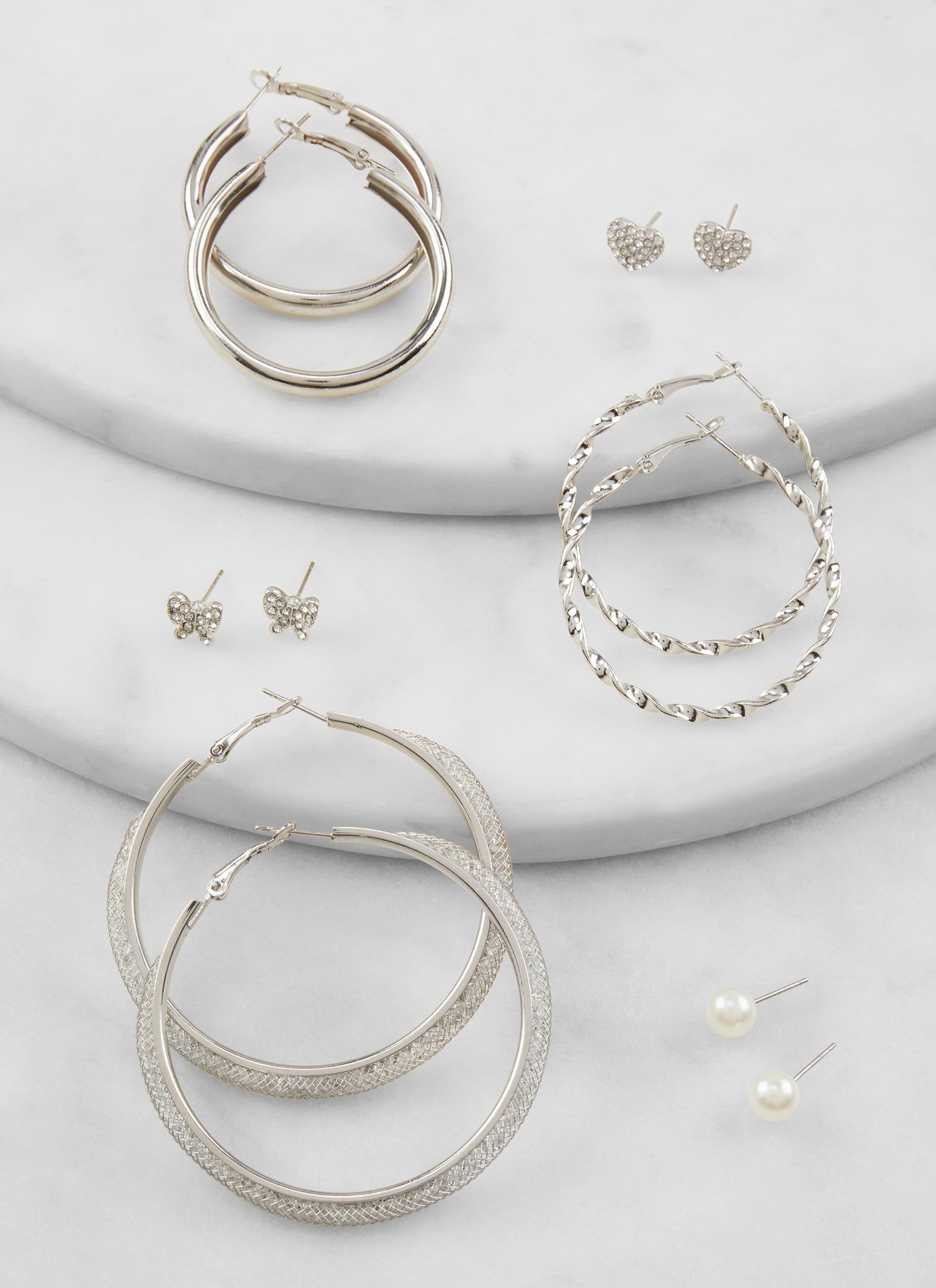 Textured Metallic Hoop and Rhinestone Stud Earrings Set of 6 sold by Rainbow