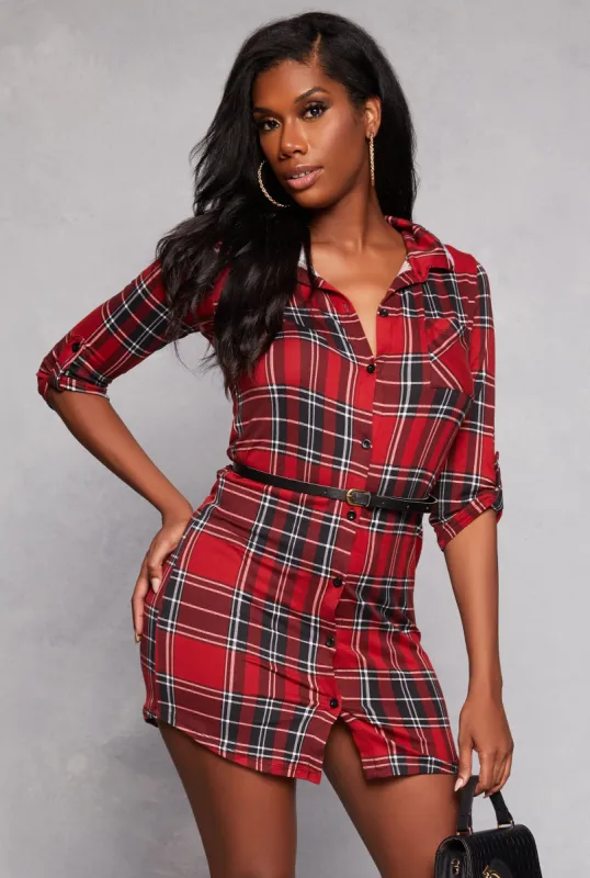 Plaid Quarter Sleeve Belted Shirt Dress sold by Rainbow