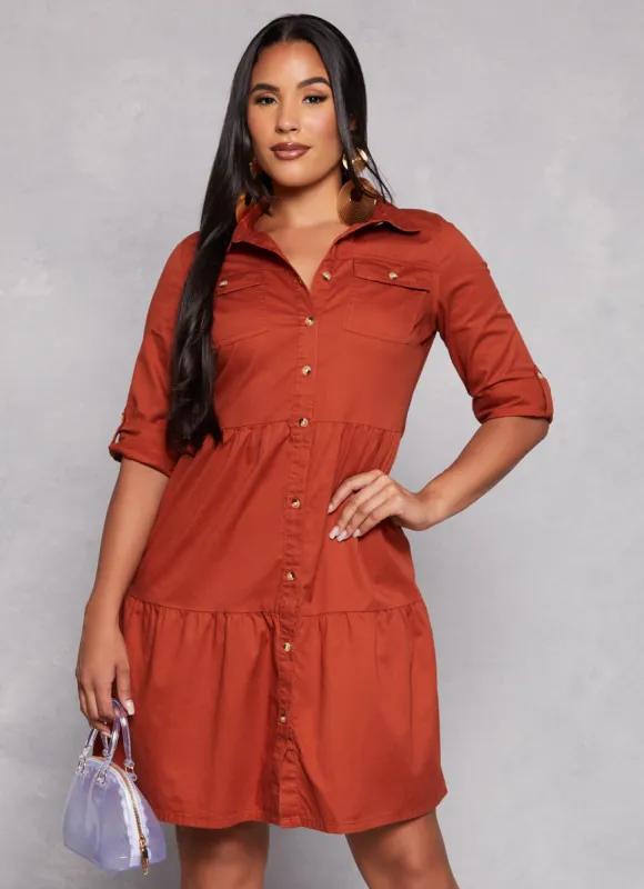 Twill Button Front Tiered Shirt Dress sold by Rainbow