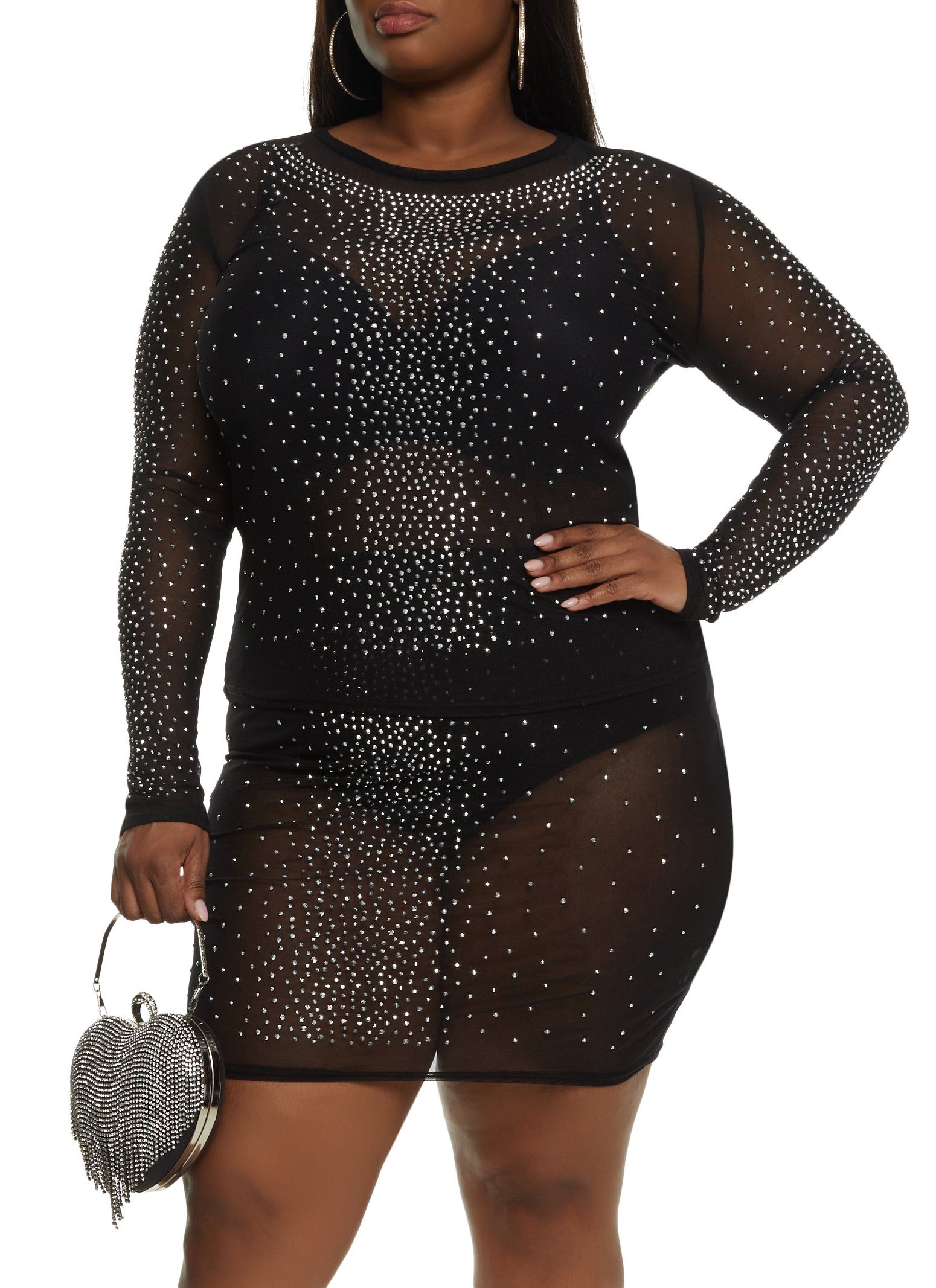Plus Size Rhinestone Studded Mesh Long Sleeve Blouse sold by Rainbow