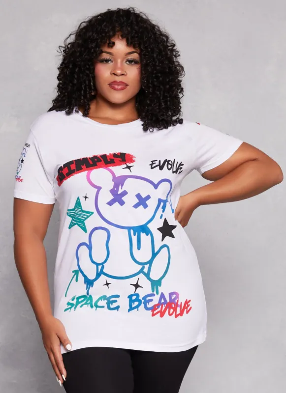 Plus Size Space Bear Graffiti Graphic Tee sold by Rainbow