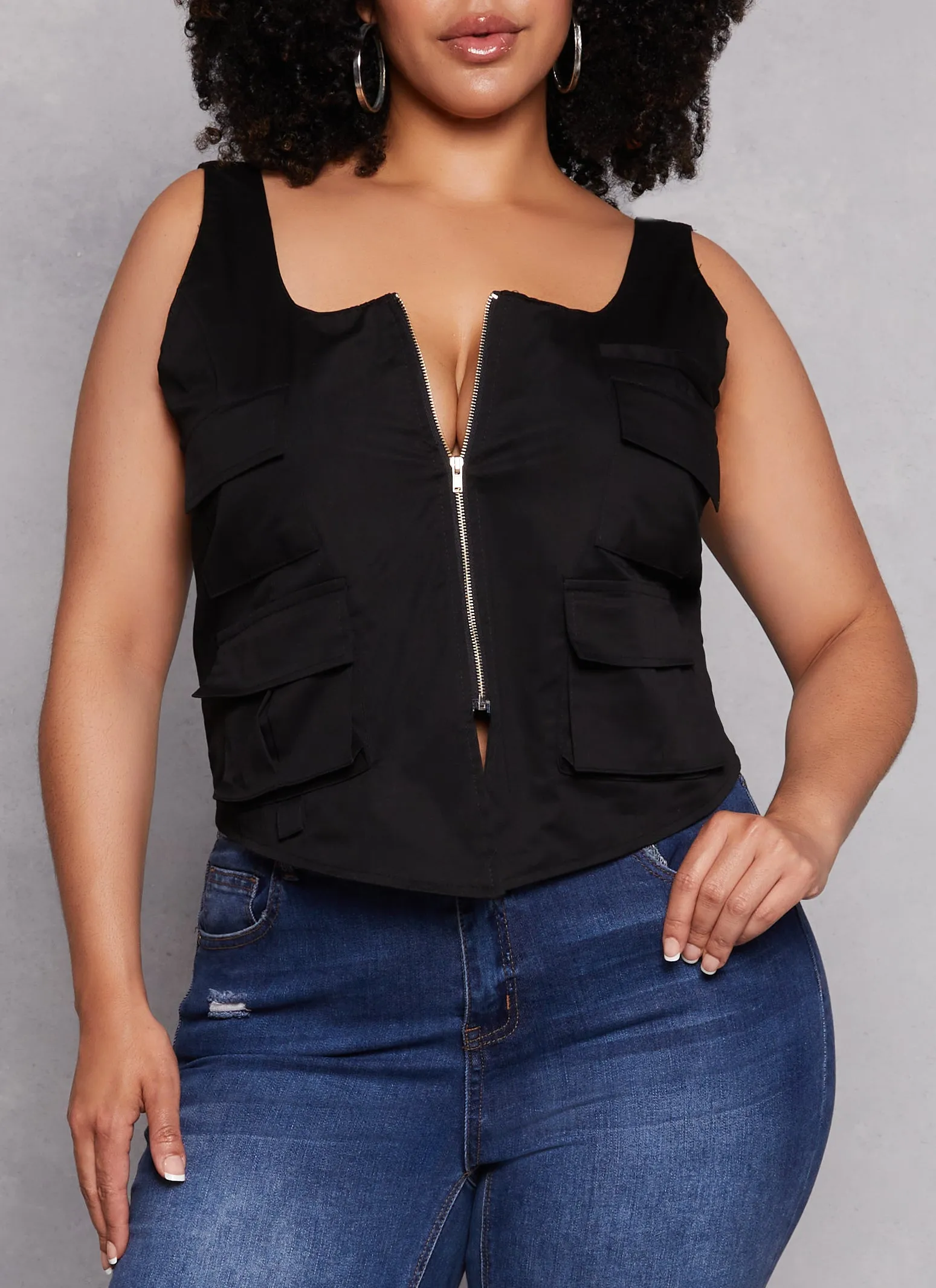 Plus Size Cargo Pocket Zip Front Cropped Tank Top sold by Rainbow