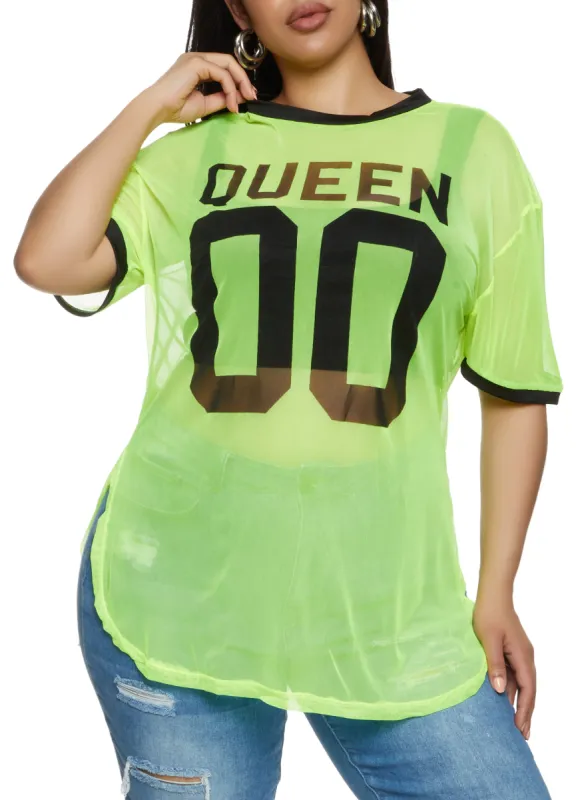 Plus Size Sheer Mesh Queen Baseball T Shirt sold by Rainbow