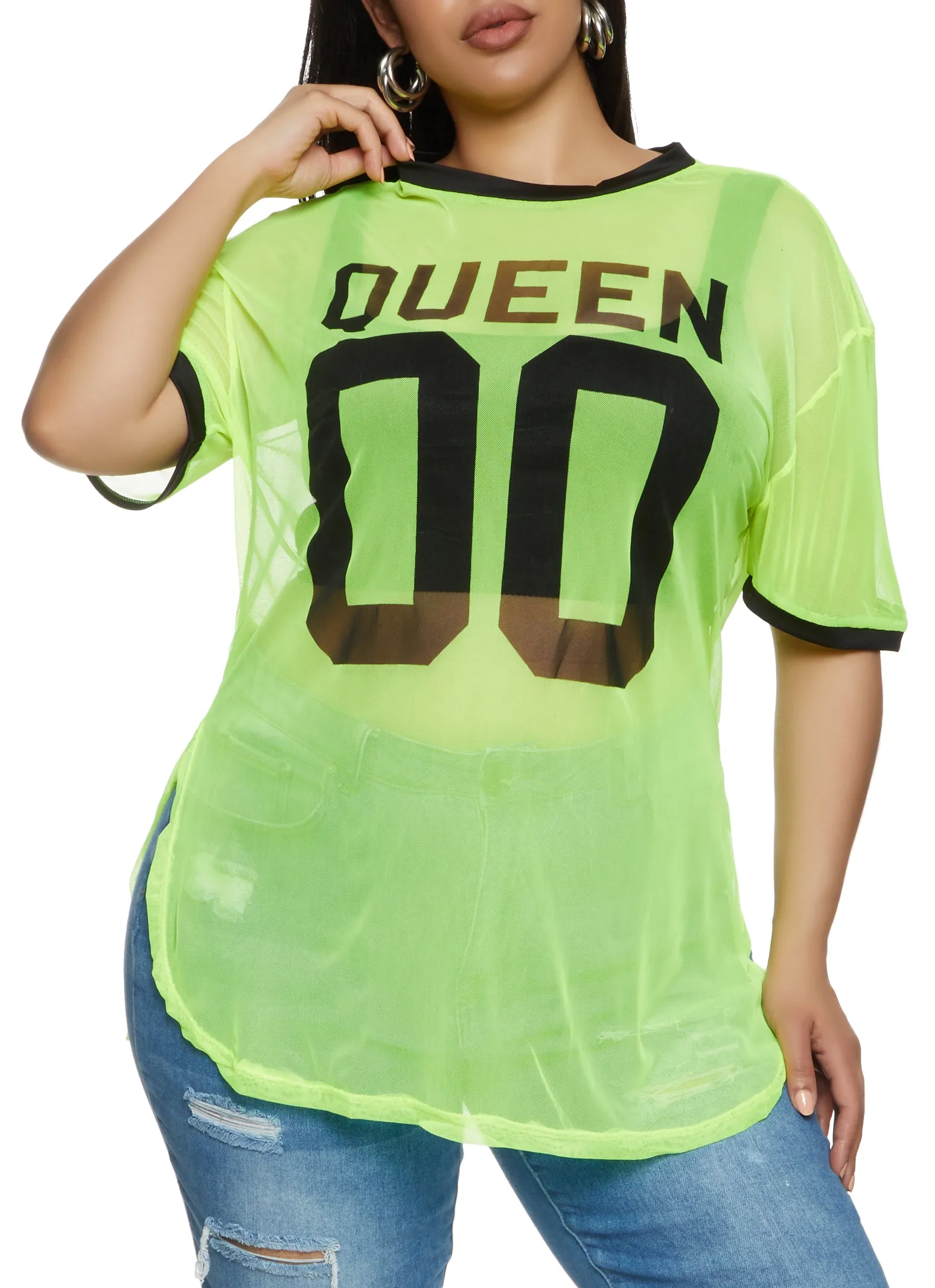 Plus Size Sheer Mesh Queen Baseball T Shirt sold by Rainbow