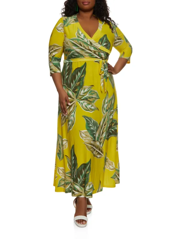 Plus Size V Neck Tropical Print Faux Wrap Maxi Dress sold by Rainbow