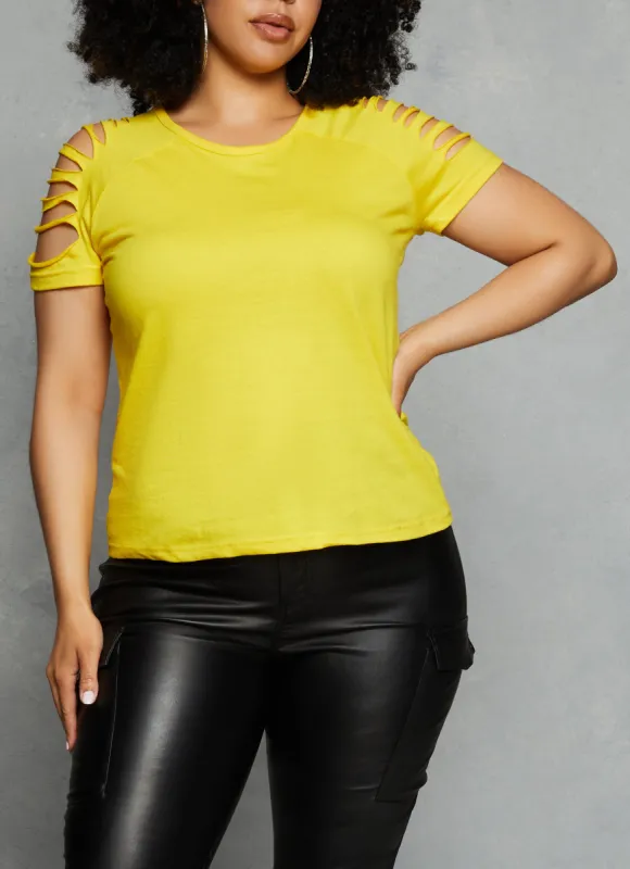 Plus Size Slashed Short Sleeve Tee sold by Rainbow