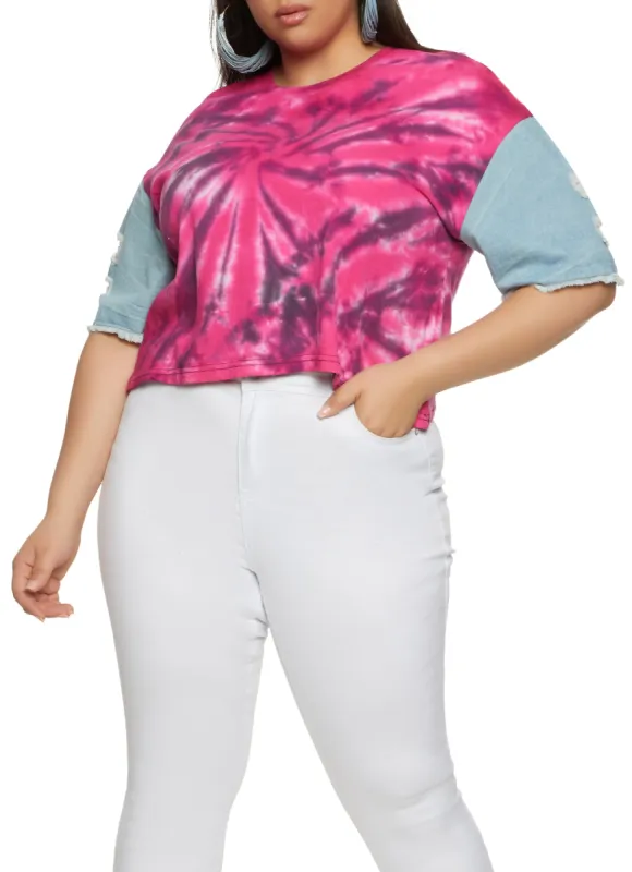 Plus Size Denim Sleeve Tie Dye Slashed T Shirt sold by Rainbow