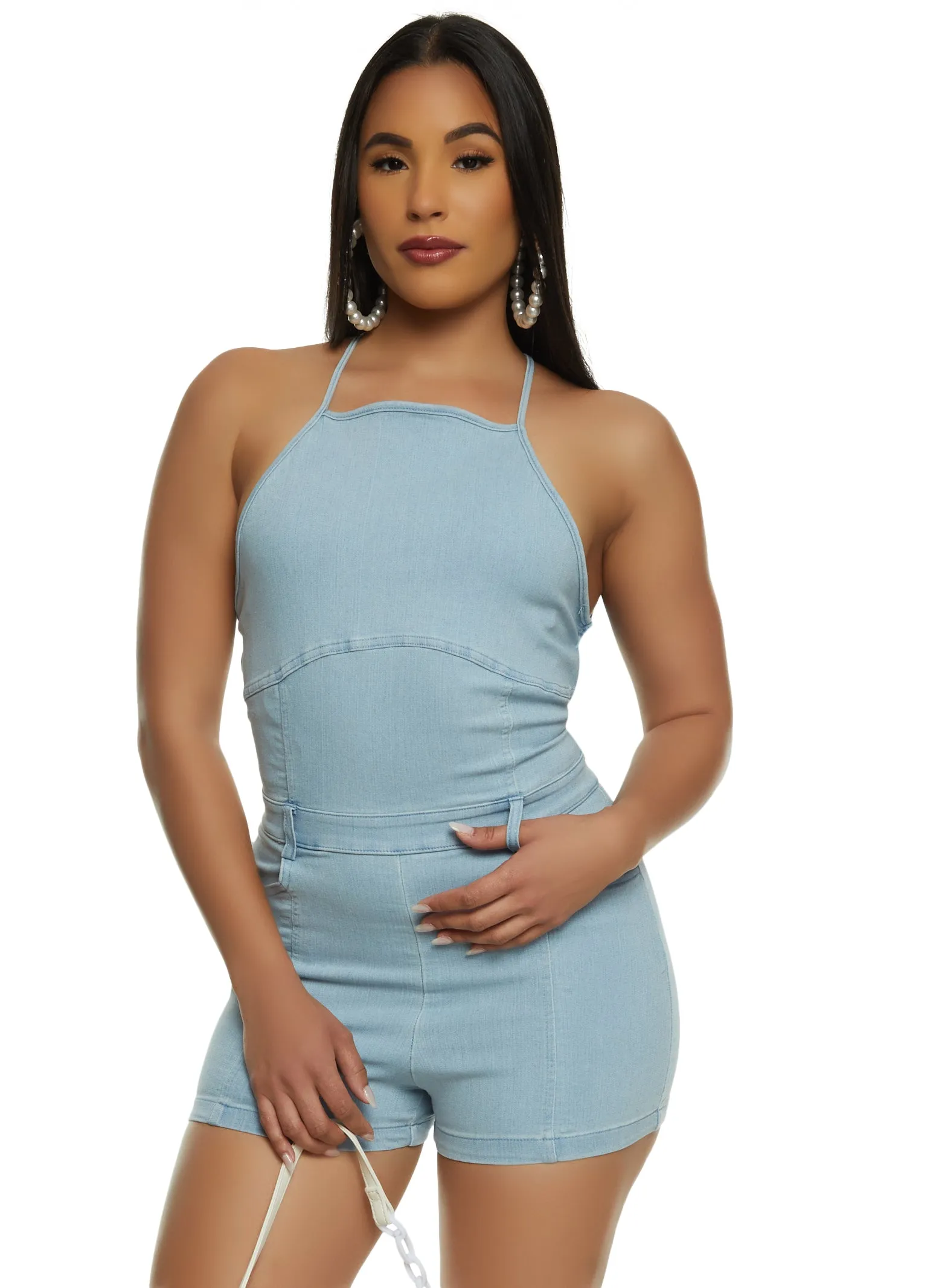 Sleeveless Halter Denim Romper sold by Rainbow