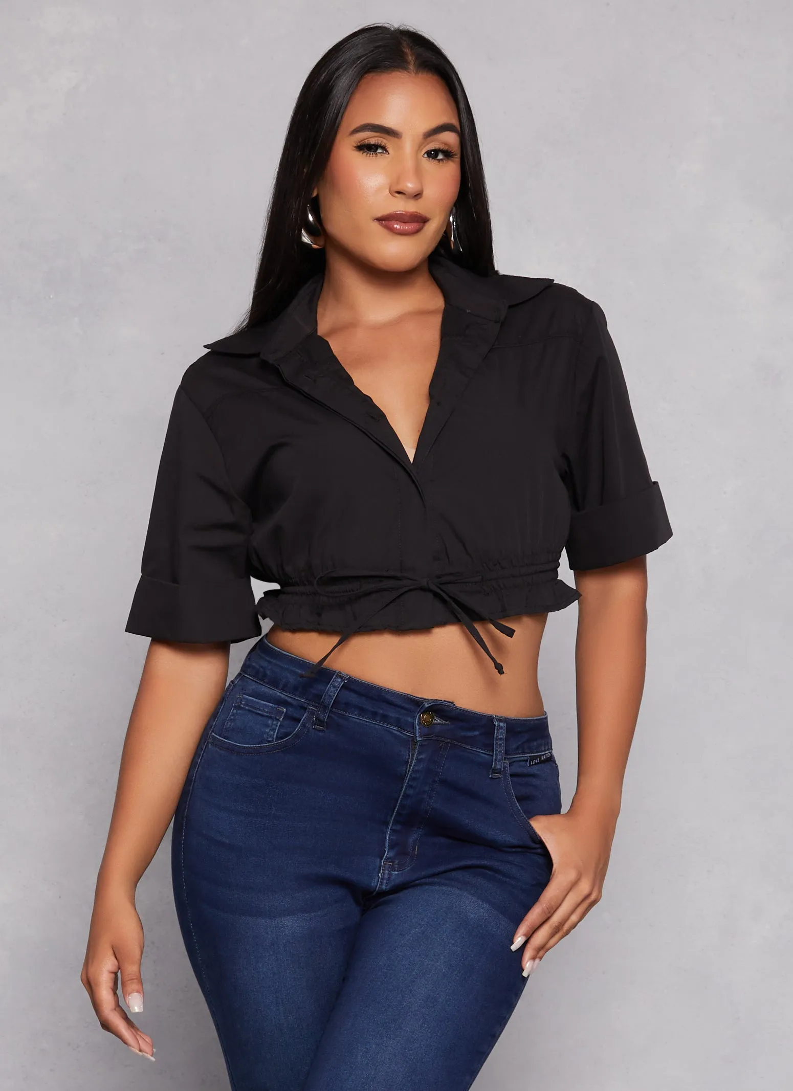 Poplin Button Front Drawstring Hem Shirt sold by Rainbow