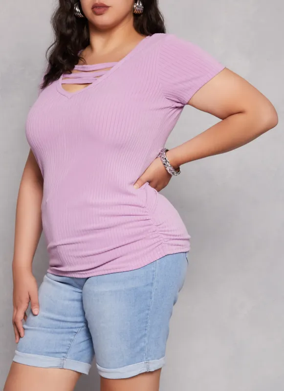 Plus Size Ribbed Caged V Neck Tee sold by Rainbow
