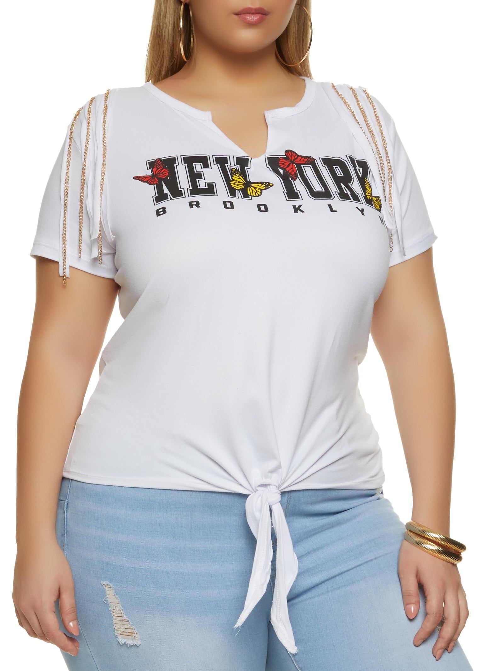 Plus Size New York Graphic Chain Fringe Tee sold by Rainbow