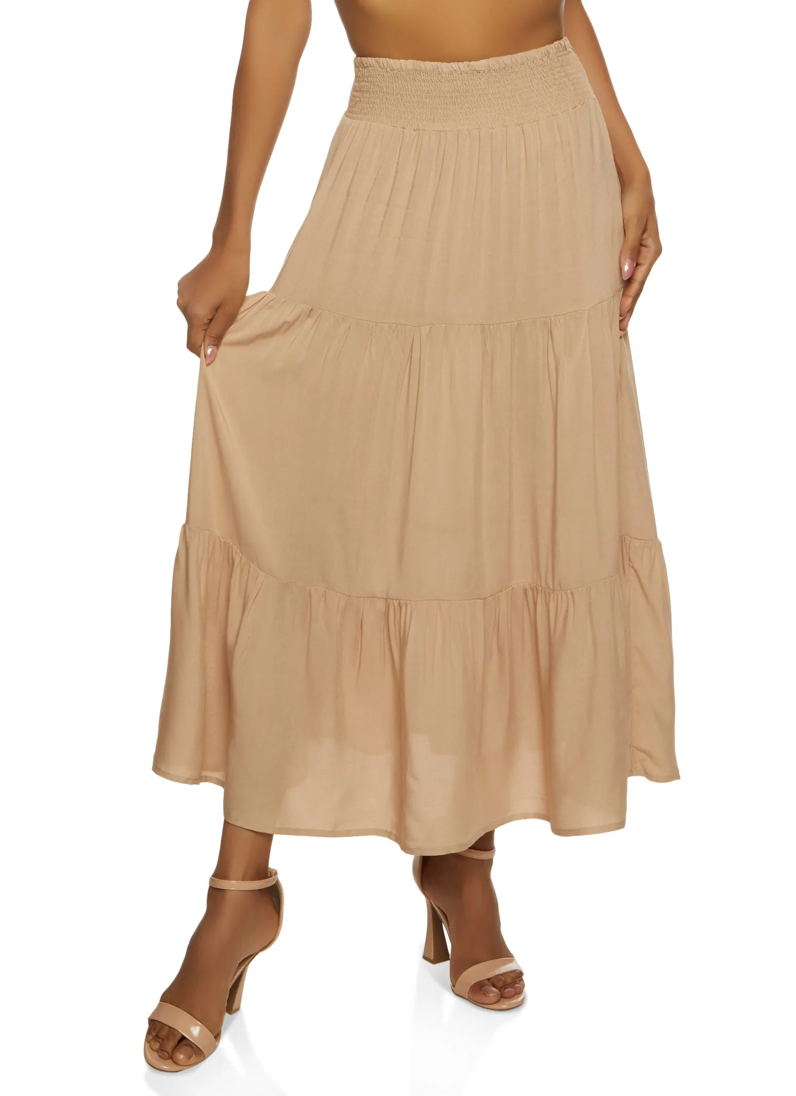 Smocked Waist Tiered Maxi Skirt sold by Rainbow