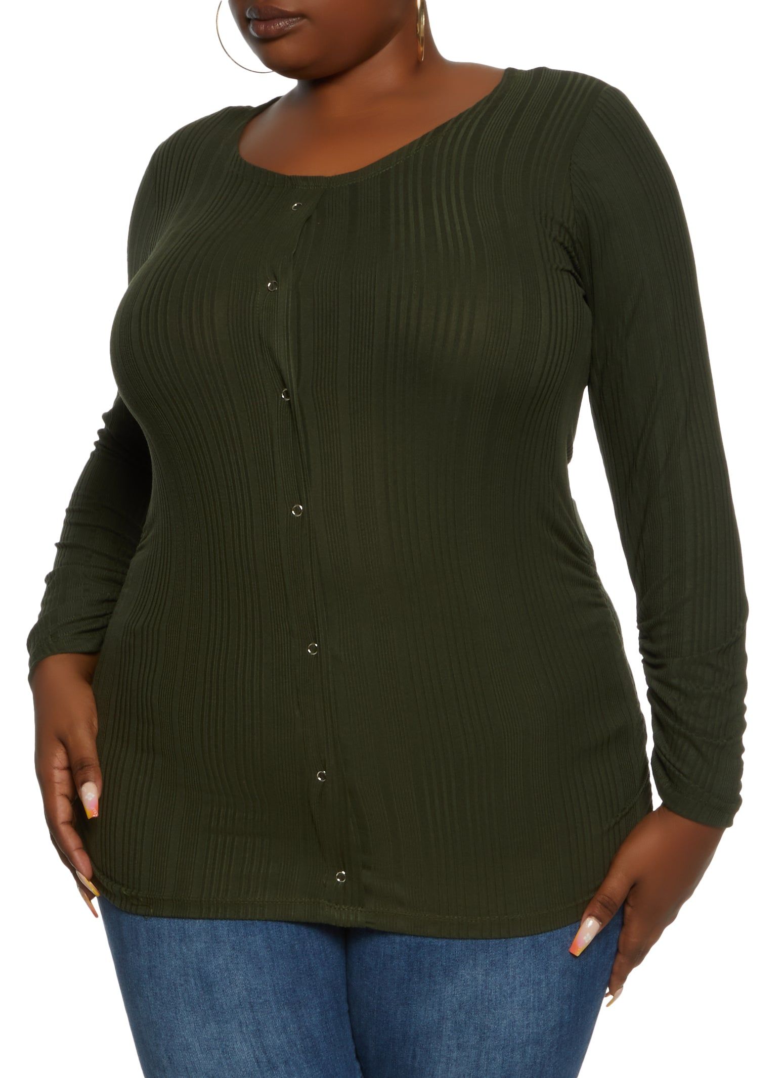 Plus Size Ribbed Snap Button Front Crew Neck Top sold by Rainbow