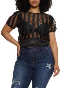 Plus Size Shadow Stripe Mesh Tie Back Top sold by Rainbow